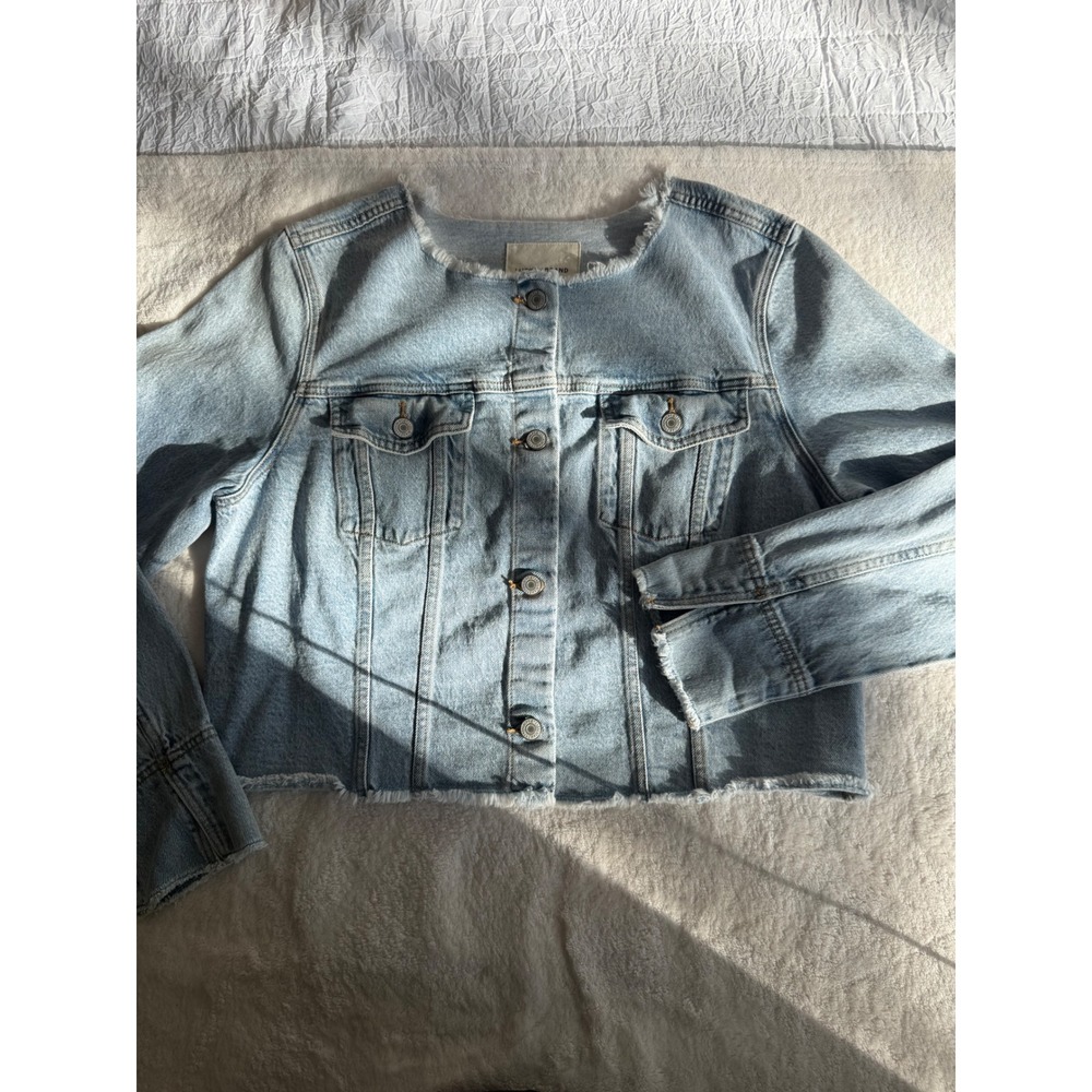 Lucky Brand Light Wash Frayed Raw Hem Collarless Denim Jacket Womens Large